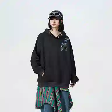 红蜻蜓 美式复古高街仿刺绣植物花卉设计感宽松舒适百搭日常通勤亲肤纯棉重磅潮流时尚简约长袖连帽卫衣 男女同款