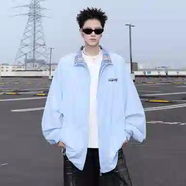 红蜻蜓 美式复古高街设计感格纹拼色经典翻领高级舒适宽松休闲百搭日常通勤潮流时尚简约直筒长袖防晒服 男女同款
