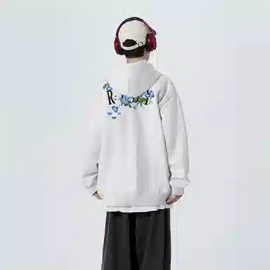 红蜻蜓 美式复古高街仿刺绣植物花卉设计感宽松舒适百搭日常通勤亲肤纯棉重磅潮流时尚简约长袖连帽卫衣 男女同款