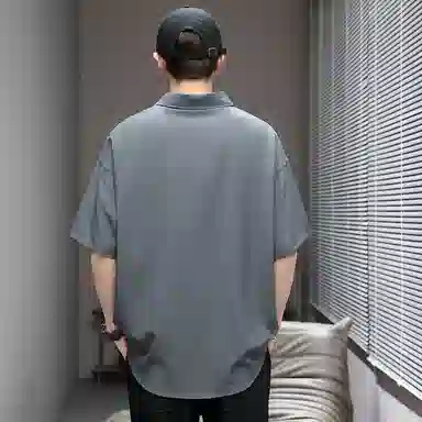 红蜻蜓 美式高街基础纯色复古简约字母宽松休闲落肩百搭经典短袖衬衫 男女同款