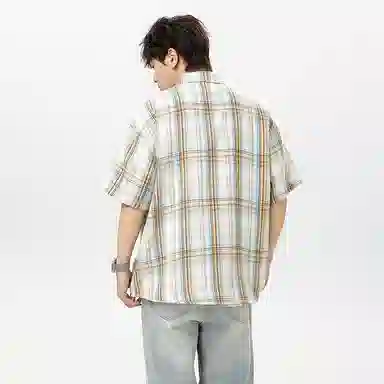 红蜻蜓 格纹宽松休闲舒适百搭日常简约潮流时尚短袖衬衫 男女同款