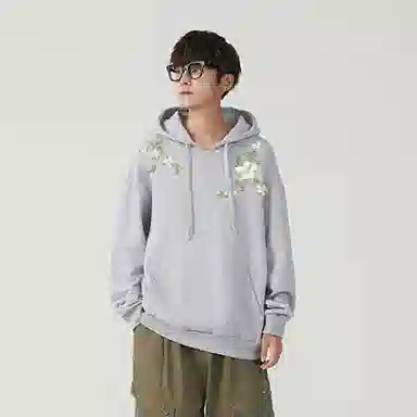 红蜻蜓 美式潮流植物花卉设计感仿刺绣高街宽松舒适百搭日常通勤亲肤时尚简约长袖连帽外套卫衣 男女同款