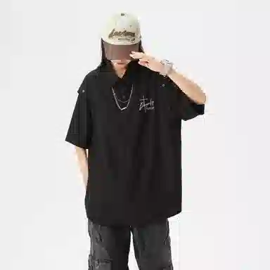 红蜻蜓 美式复古设计感高级宽松舒适百搭日常通勤潮流时尚简约直筒短袖衬衫 男女同款