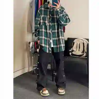 红蜻蜓 美式复古简约高级感格子条纹设计时尚百搭宽松翻领单排扣痞帅长袖衬衫 男女同款