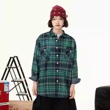 红蜻蜓 美式复古潮流多彩格纹宽松休闲落肩款慵懒风透气长袖衬衫 男女同款