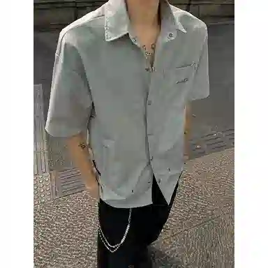 红蜻蜓 美式高街复古潮流百搭休闲个性舒适纯色经典设计短袖衬衫 男女同款