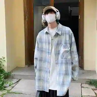 红蜻蜓 美式复古国潮高街格子学院风单排扣宽松百搭休闲长袖衬衫 男女同款