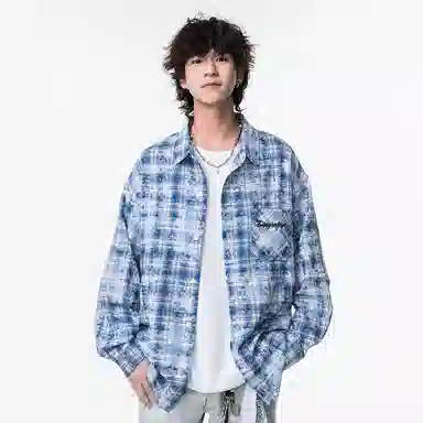 红蜻蜓 美式街头港风多彩格纹复古扎染宽松休闲时尚舒适长袖衬衫 男女同款