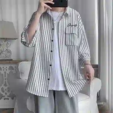 红蜻蜓 美式复古经典百搭休闲纯色条纹宽松短袖衬衫 男女同款