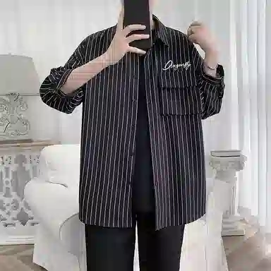 红蜻蜓 美式复古经典百搭休闲纯色条纹宽松短袖衬衫 男女同款