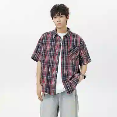 红蜻蜓 格纹宽松休闲舒适百搭日常简约潮流时尚短袖衬衫 男女同款