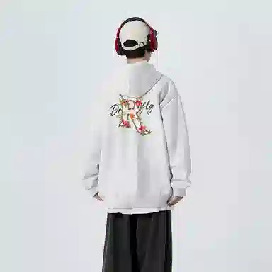 红蜻蜓 美式复古仿刺绣高街植物花卉设计感宽松舒适百搭日常通勤亲肤纯棉重磅潮流时尚简约长袖连帽卫衣 男女同款
