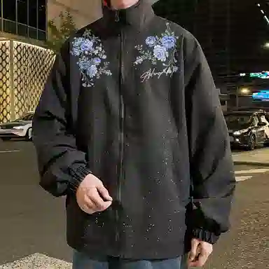 红蜻蜓 美式复古双面穿植物花卉设计感仿刺绣满天星纯色简约高街防风无性别主义学院风户外通勤宽松休闲飞行员棒球服夹克外套 男女同款