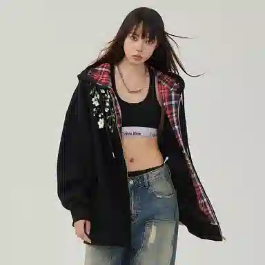红蜻蜓 美式复古植物花卉仿刺绣设计感宽松舒适百搭日常通勤亲肤潮流时尚简约长袖连帽卫衣 男女同款