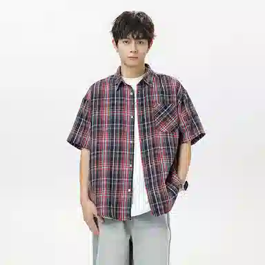 红蜻蜓 格纹宽松休闲舒适百搭日常简约潮流时尚短袖衬衫 男女同款