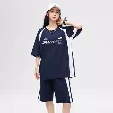 红蜻蜓 美式高街拼色撞色设计感经典高级舒适宽松百搭日常通勤潮流时尚简约直筒短袖短裤休闲运动套装 男女同款