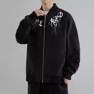 红蜻蜓 美式高街潮牌满天星设计感纯色拉链复古数字字母印花宽松百搭舒适防风保暖休闲夹克外套 男女同款