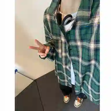 红蜻蜓 美式复古简约高级感格子条纹设计时尚百搭宽松翻领单排扣痞帅长袖衬衫 男女同款