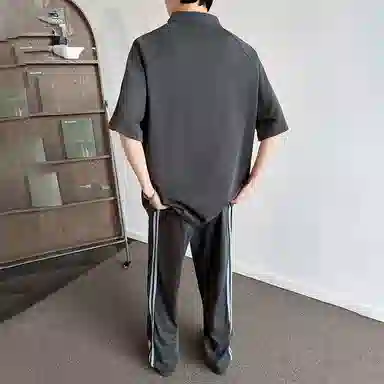 红蜻蜓 美式高街设计感经典高级舒适宽松百搭日常通勤潮流时尚简约直筒短袖长裤休闲运动套装 男女同款