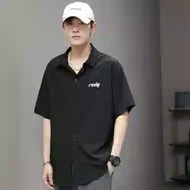 红蜻蜓 美式高街基础纯色复古简约字母宽松休闲落肩百搭经典短袖衬衫 男女同款