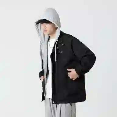 红蜻蜓 美式复古品牌连帽宽松假两件纯色拉链长袖夹克外套 男女同款