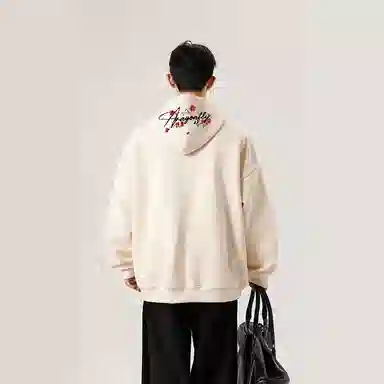 红蜻蜓 美式高街复古仿刺绣帽檐玫瑰花设计感数字字母印花宽松百搭舒适防风保暖休闲外套卫衣 男女同款
