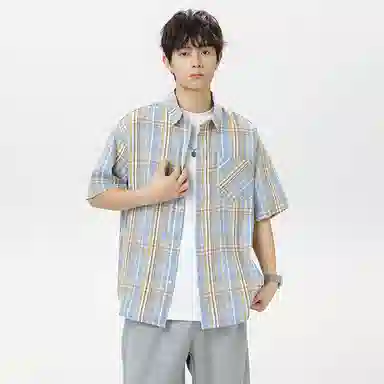红蜻蜓 格纹宽松休闲舒适百搭日常简约潮流时尚短袖衬衫 男女同款