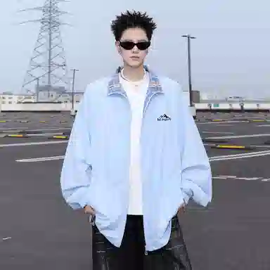 红蜻蜓 美式复古高街设计感翻领格纹拼色经典翻领高级舒适宽松休闲百搭日常通勤潮流时尚简约直筒防晒服 男女同款