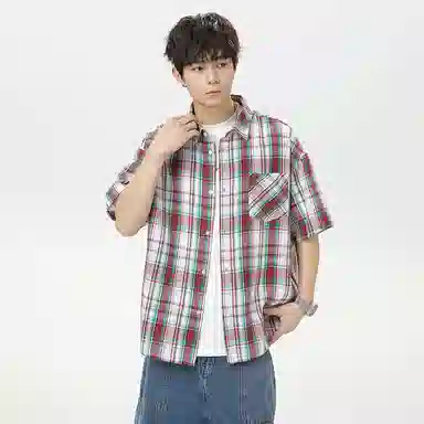 红蜻蜓 格纹宽松休闲舒适百搭日常简约潮流时尚短袖衬衫 男女同款