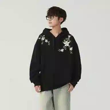 红蜻蜓 美式潮流植物花卉设计感仿刺绣高街宽松舒适百搭日常通勤亲肤时尚简约长袖连帽外套卫衣 男女同款