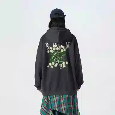 红蜻蜓 美式潮牌复古仿刺绣高街植物花卉设计感宽松舒适百搭日常通勤亲肤纯棉重磅潮流时尚简约长袖连帽卫衣 男女同款