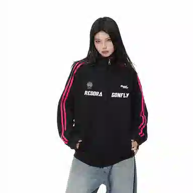 红蜻蜓 美式高街重磅设计感侧边条纹三条杠数字字母印花宽松百搭舒适防风保暖休闲棒球服外套卫衣 男女同款