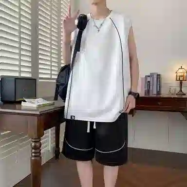 红蜻蜓 美式高街复古少年感学院风无袖上衣纯色户外跑步百搭短裤休闲运动套装 男女同款