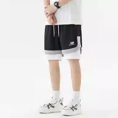 红蜻蜓 美式高街复古设计感拼色经典高级感宽松百搭亲肤潮流时尚简约直筒短袖假两件短裤休闲运动套装 男女同款