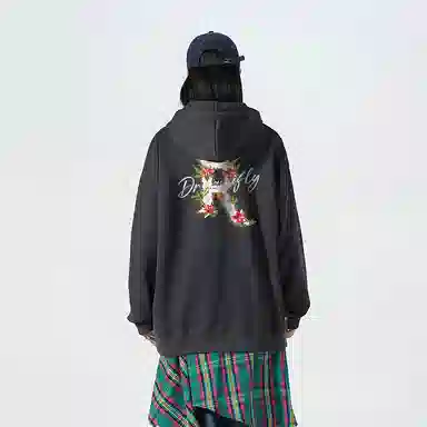 红蜻蜓 美式复古仿刺绣高街植物花卉设计感宽松舒适百搭日常通勤亲肤纯棉重磅潮流时尚简约长袖连帽卫衣 男女同款