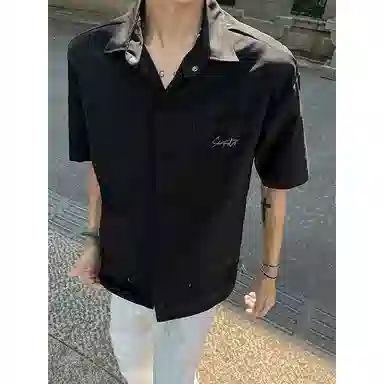红蜻蜓 美式高街复古潮流百搭休闲个性舒适纯色经典设计短袖衬衫 男女同款