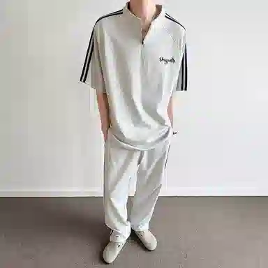 红蜻蜓 美式高街复古重磅半拉链套头短袖上衣系带通勤长裤休闲运动套装 男女同款