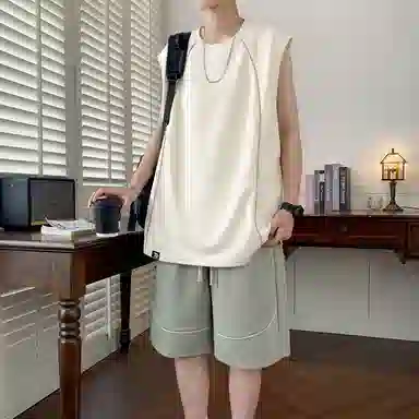 红蜻蜓 美式高街复古少年感学院风无袖上衣纯色户外跑步百搭短裤休闲运动套装 男女同款