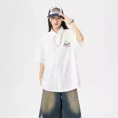 红蜻蜓 美式复古设计感高级宽松舒适百搭日常通勤潮流时尚简约直筒短袖衬衫 男女同款