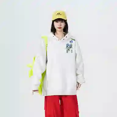 红蜻蜓 美式复古高街仿刺绣植物花卉设计感宽松舒适百搭日常通勤亲肤纯棉重磅潮流时尚简约长袖连帽卫衣 男女同款