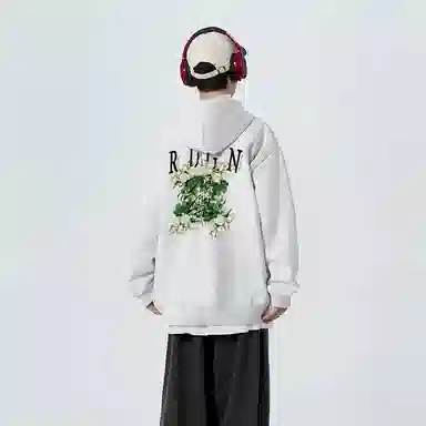红蜻蜓 美式潮牌复古仿刺绣高街植物花卉设计感宽松舒适百搭日常通勤亲肤纯棉重磅潮流时尚简约长袖连帽卫衣 男女同款