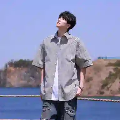 红蜻蜓 美式高街复古潮流条纹线条无性别主义设计经典通勤外穿短袖衬衫 男女同款