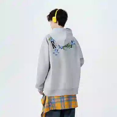 红蜻蜓 美式复古高街仿刺绣植物花卉设计感宽松舒适百搭日常通勤亲肤纯棉重磅潮流时尚简约长袖连帽卫衣 男女同款