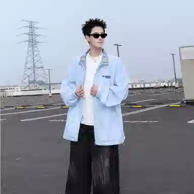 红蜻蜓 美式复古高街设计感翻领格纹拼色经典高级舒适宽松休闲百搭日常通勤潮流时尚简约直筒防晒服 男女同款