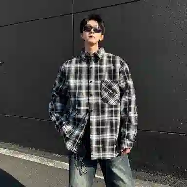 红蜻蜓 美式复古高街设计感拼色撞色高级舒适宽松百搭通勤潮流长袖衬衫 男女同款