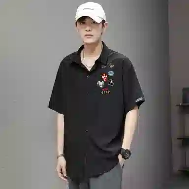 红蜻蜓 美式高街卡通图案高级感设计感高级宽松休闲百搭日常通勤潮流时尚简约短袖衬衫 男女同款