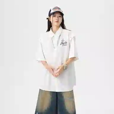 红蜻蜓 美式复古设计感高级宽松舒适百搭日常通勤潮流时尚简约直筒短袖衬衫 男女同款