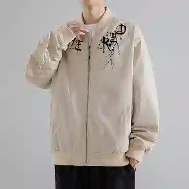 红蜻蜓 美式高街潮牌满天星设计感纯色拉链复古数字字母印花宽松百搭舒适防风保暖休闲夹克外套 男女同款