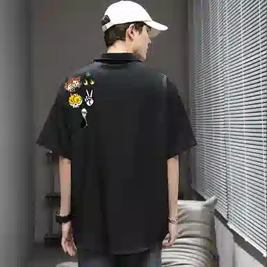 红蜻蜓 美式高街卡通图案高级感设计感高级宽松休闲百搭日常通勤潮流时尚简约短袖衬衫 男女同款