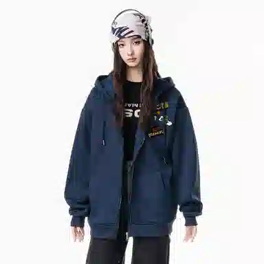 红蜻蜓 美式高街徽章复古卡通设计感数字字母印花宽松百搭舒适防风保暖休闲连帽外套卫衣 男女同款